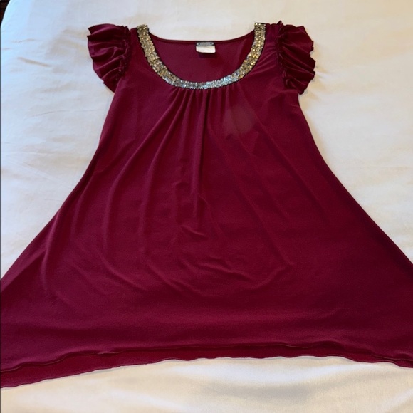Clientele Shirt Embellished Short Flutter Sleeve Asymmetric Tunic Teal Burgundy - Picture 12 of 15